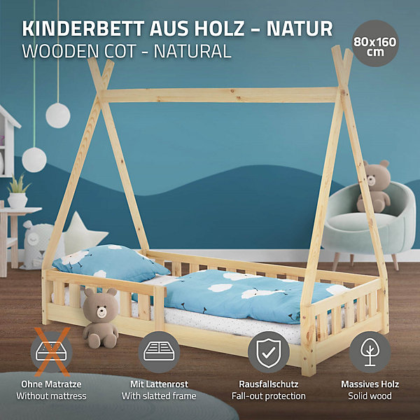 Lit d'enfants ML-Design Tipi 80x160 cm naturel maison en bois de pin avec sommier clôture de jeu