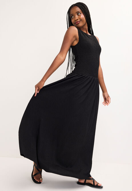 Womens Plain Black Shirred Drop Waist Midi Dress
