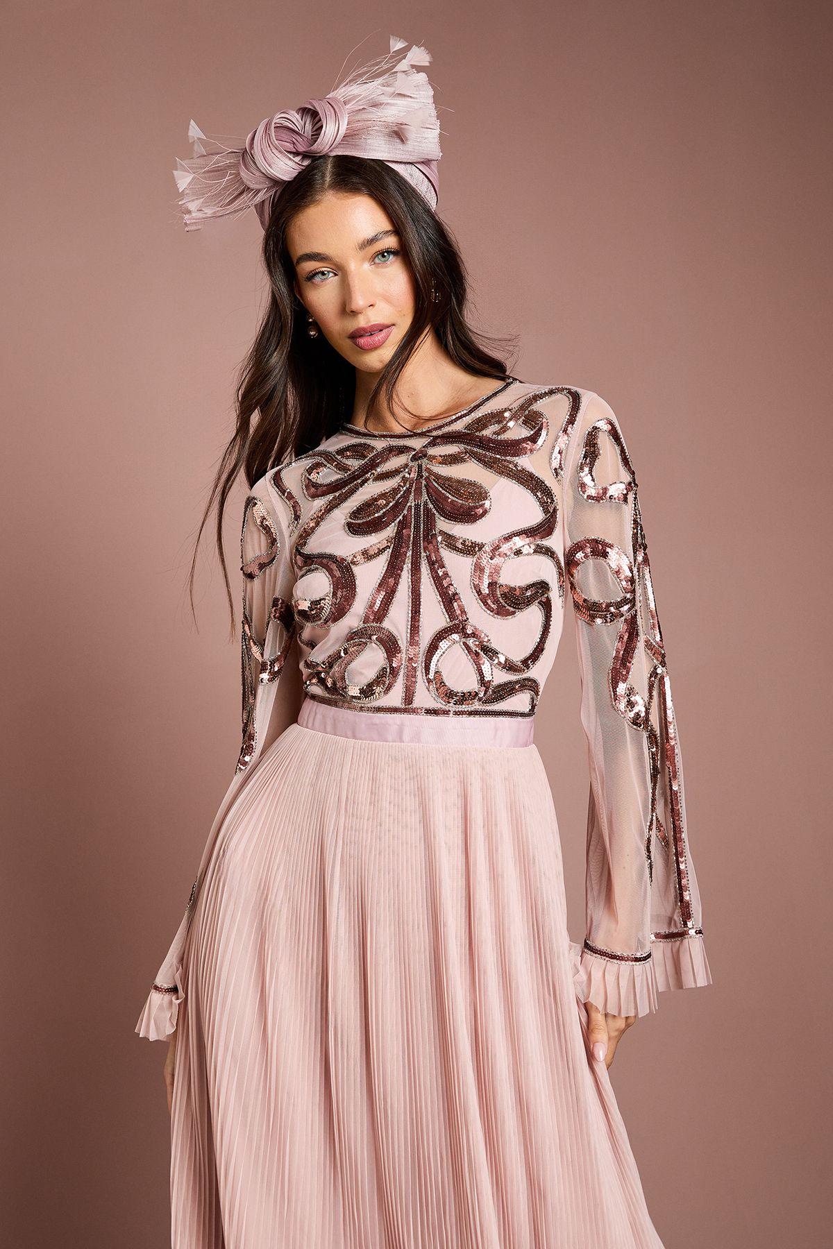 Coast Lisa Tan Bow Embellished Long Sleeve Midi Dress