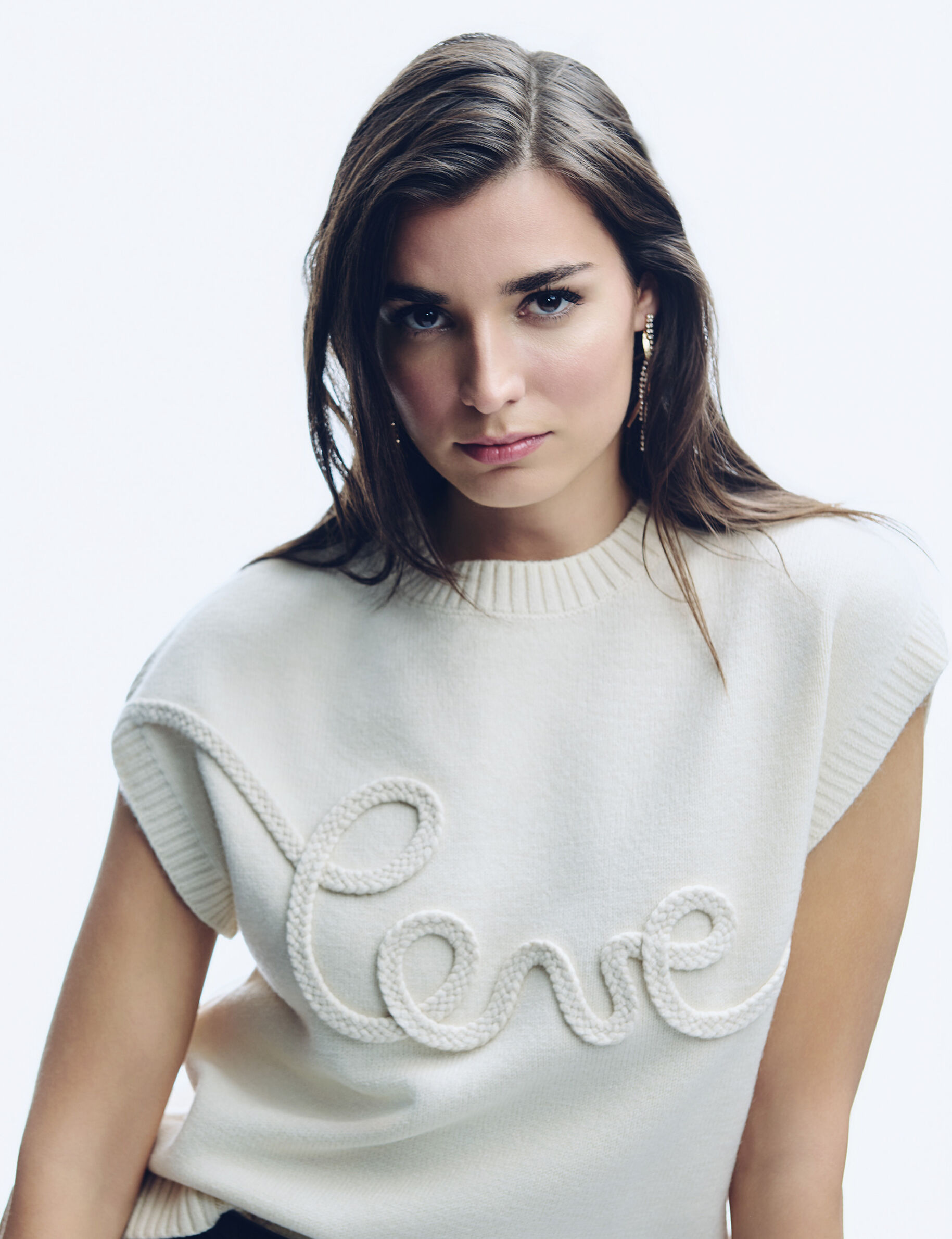 Embroidered Round Neck Sweater Cream Women