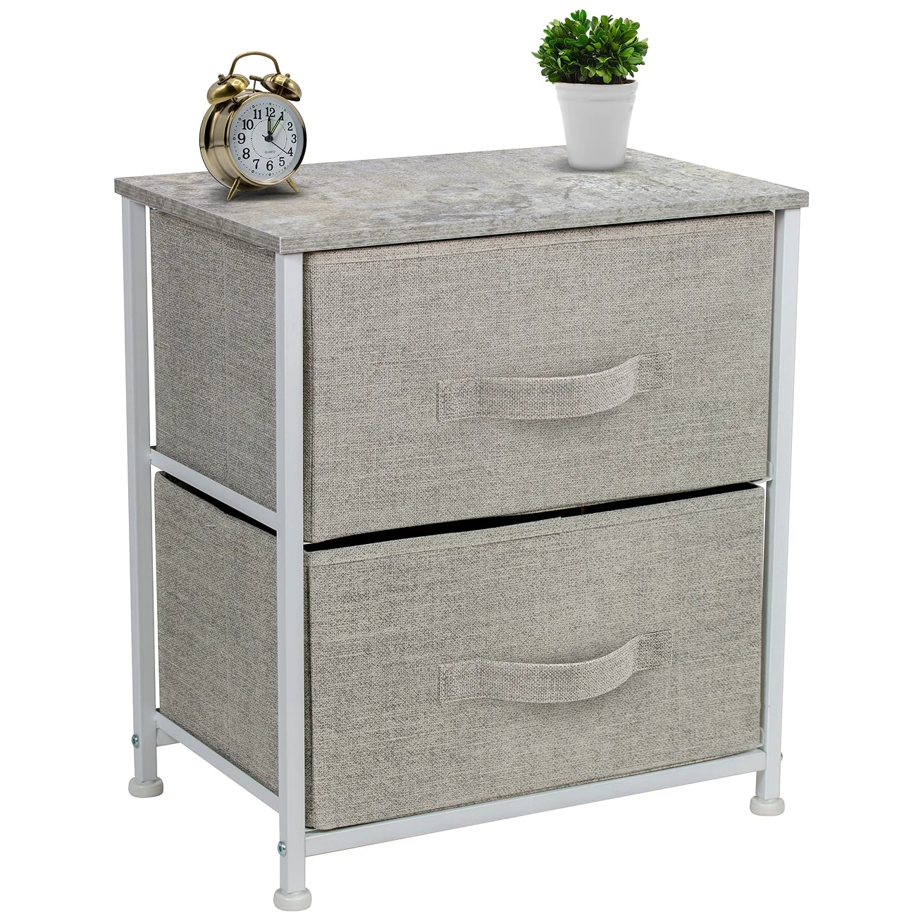 2 Drawer Nightstand Dresser Organizer Steel Frame Wood Top Fabric Bins