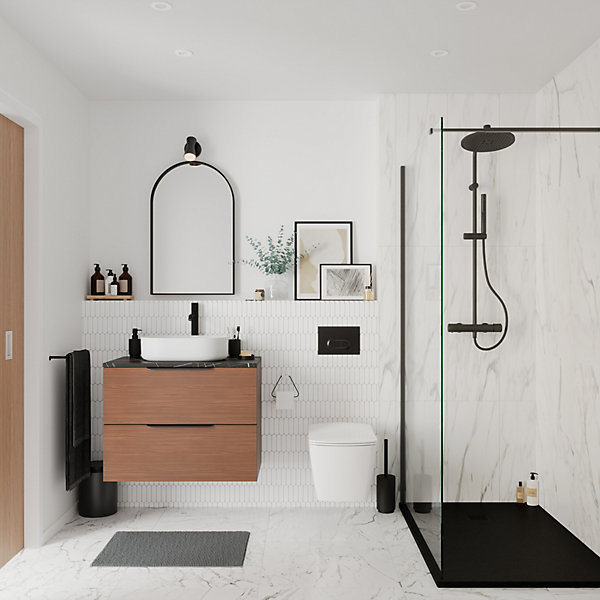 Ensemble meubles de salle de bains Kentia l.80 cm effet noyer avec plan de toilette Cadélia effet marbre noir
