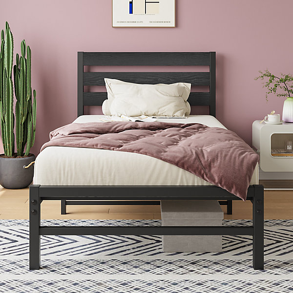 Lit Simple 90x200 cm - Lit en Métal Noir Contemporain et Durable pour Chambre Ado - Sans Matelas