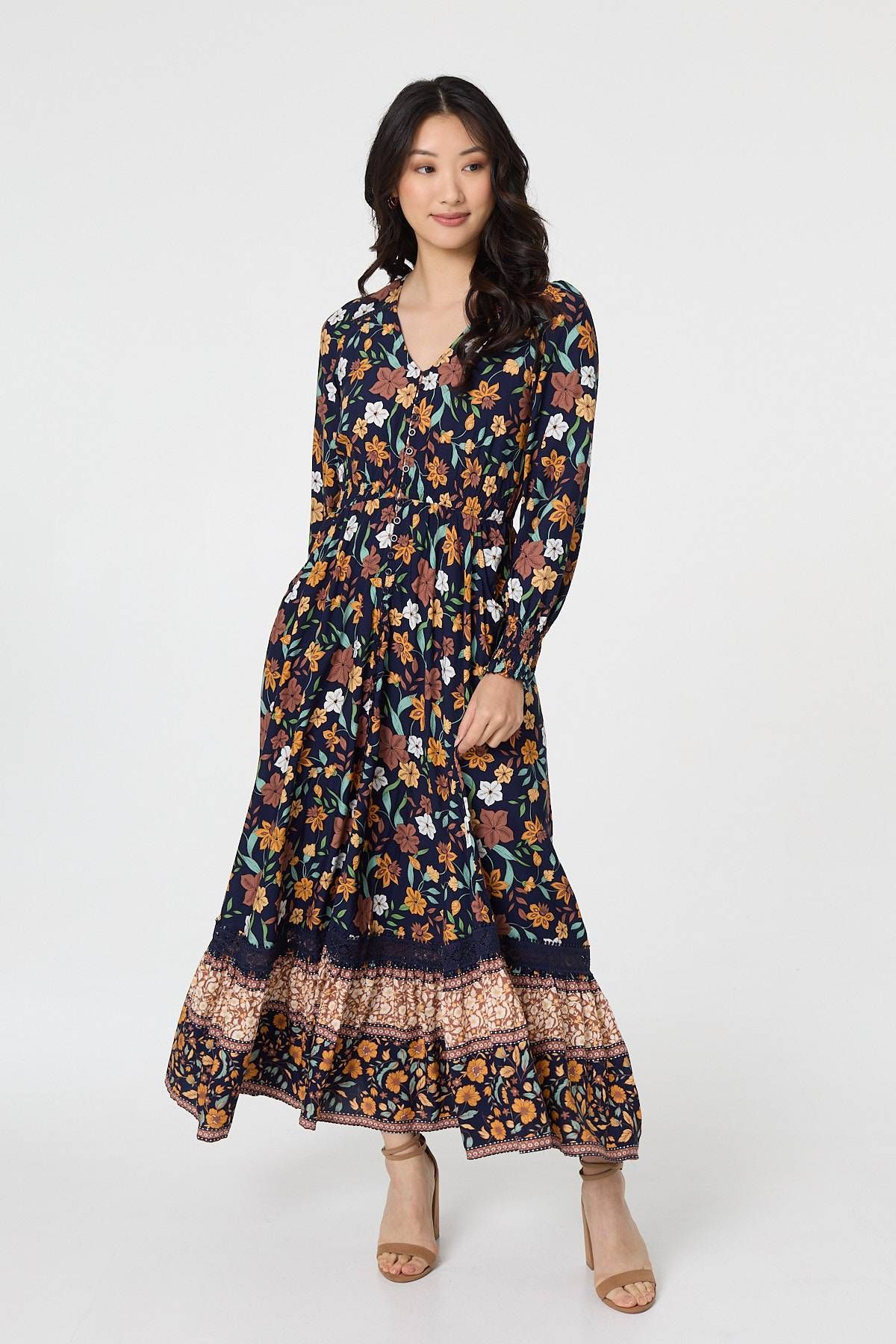 Izabel London Floral Border Print Smocked Maxi Dress