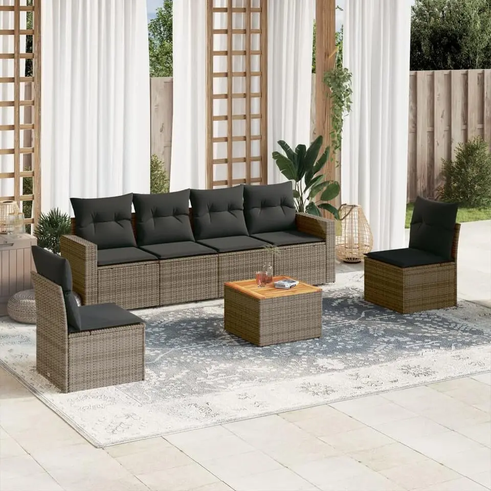vidaXL 7-delige Loungeset met kussens & hout salontafel - Grijs - Poly rattan