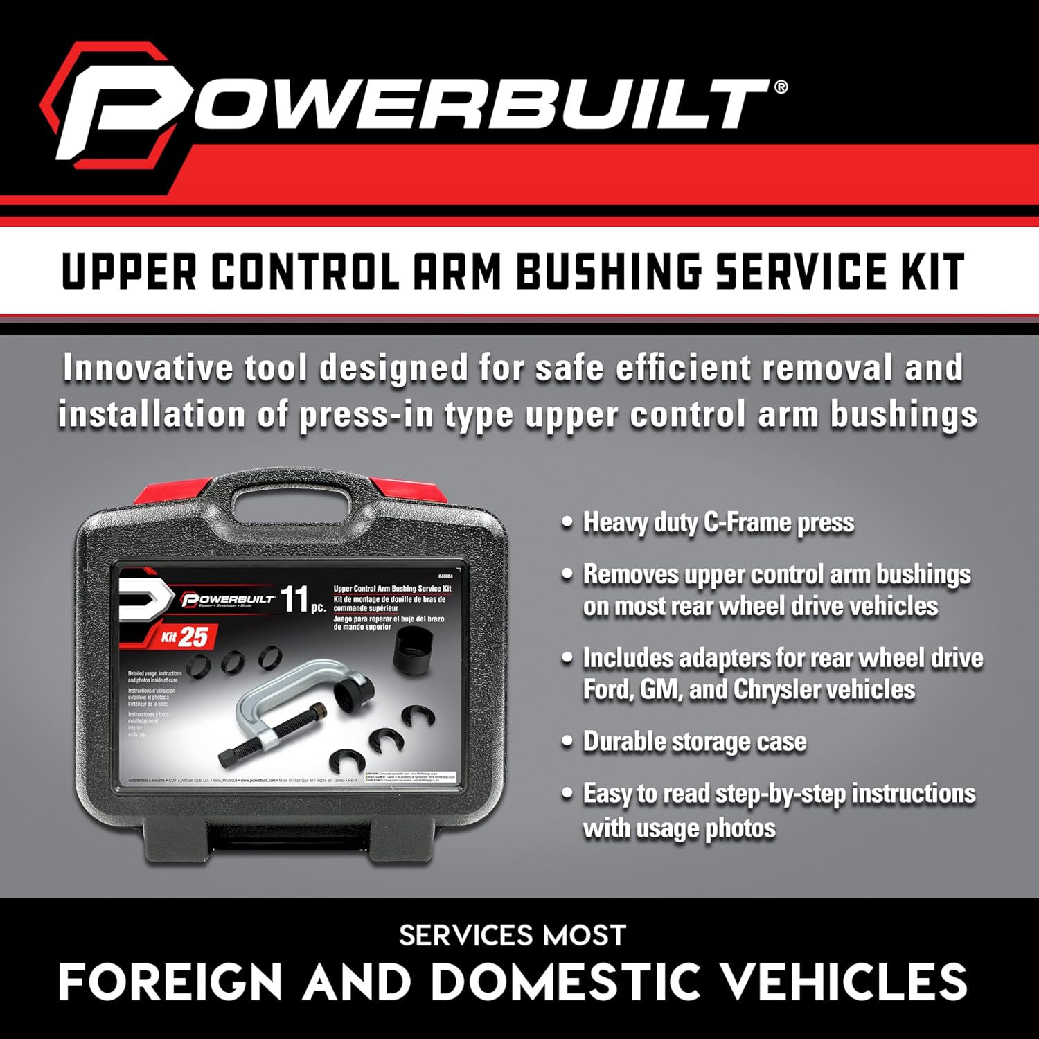 Powerbuilt Upper Control Arm Bushing Service Tool Set for Ford, GM and Chrysler, Remove and Install Car Bushings, 648604