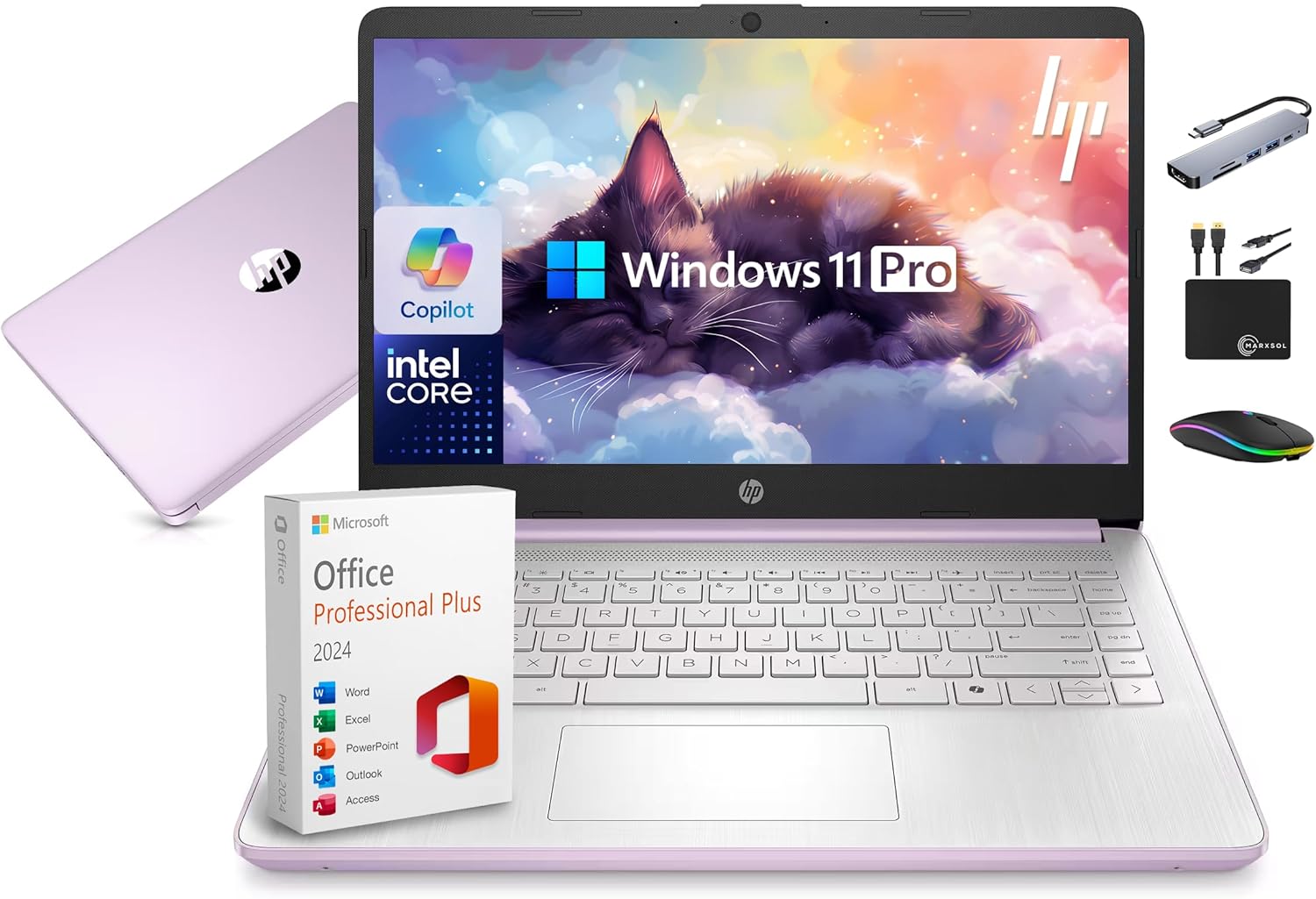 HP 14 Laptop Computer 2025-2026 Business Student  Copilot AI  Lifetime Office  4-Core Intel CPU  16GB RAM  628GB Storage (128GB UFS+500GB Ext)  Wi-Fi 6  10+ Hrs  MarxsolAccessory Win 11 Pro  Lavender