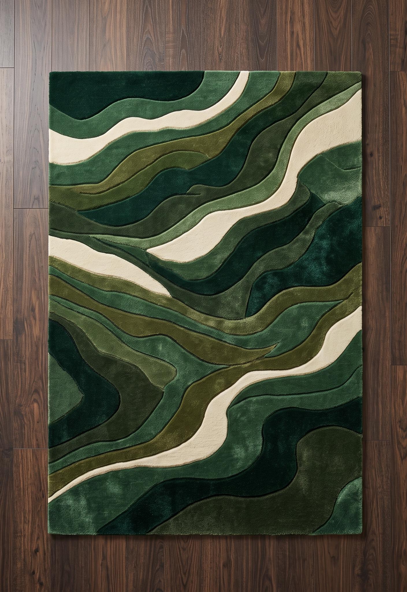 Abstract Green Wool Rug, Hand-Carved 3D Wave Texture, Forest Landscape Carpet