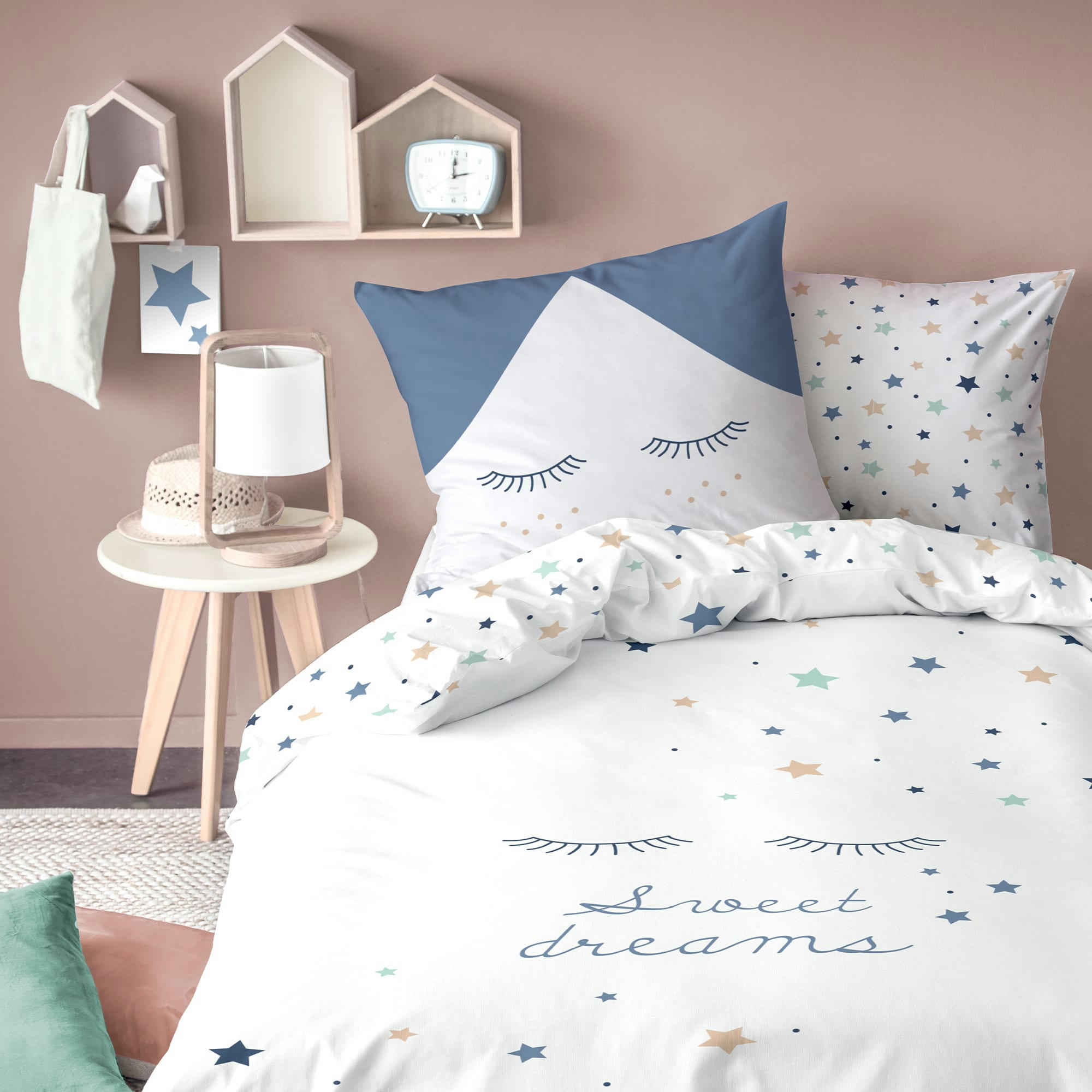 SWEET DREAMS - Parure de lit imprimée en coton Blanc, Bleu Gris 140x200+63x63cm