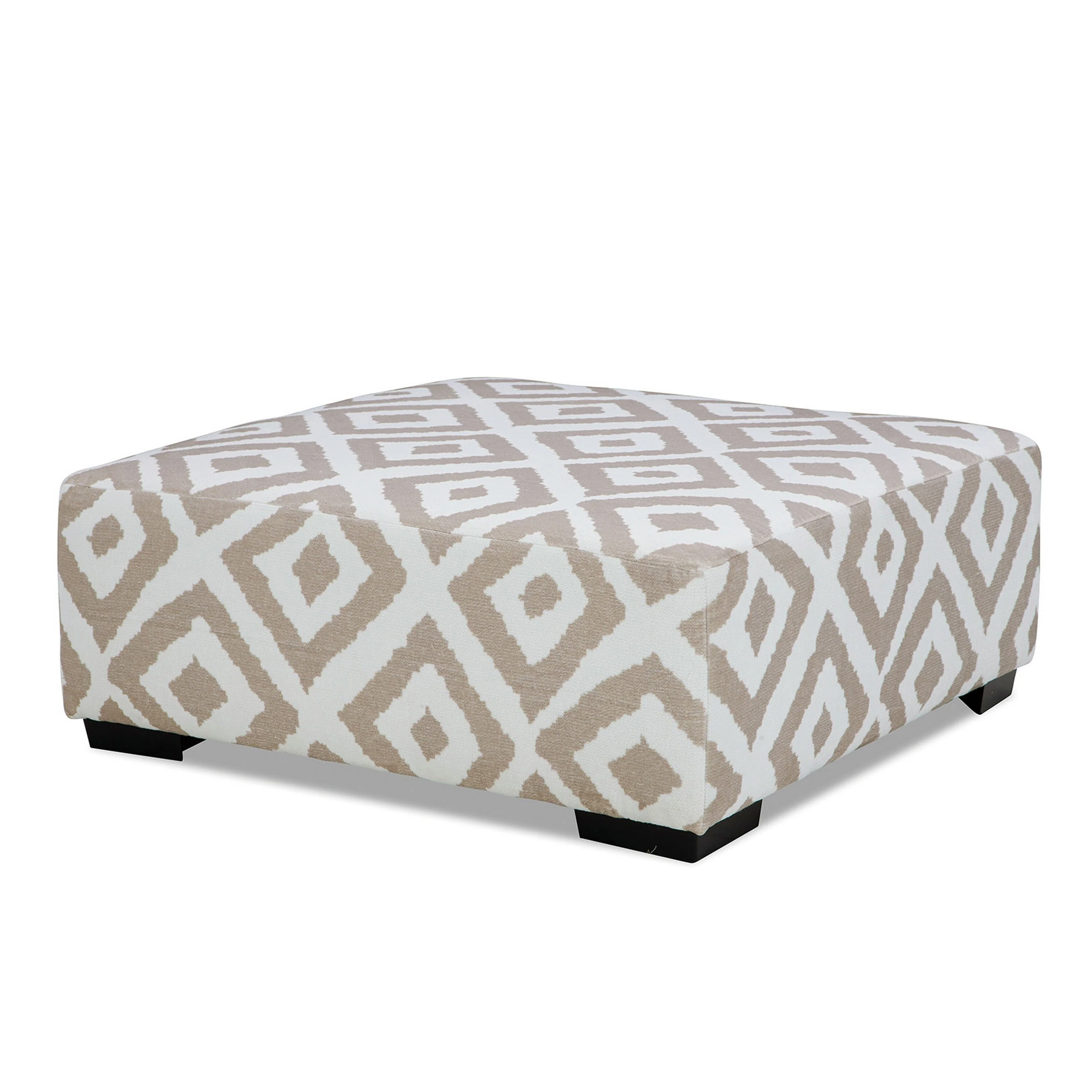 Laila Ottoman, Geometric Design, 41 Inch Light Brown and Ivory Chenille