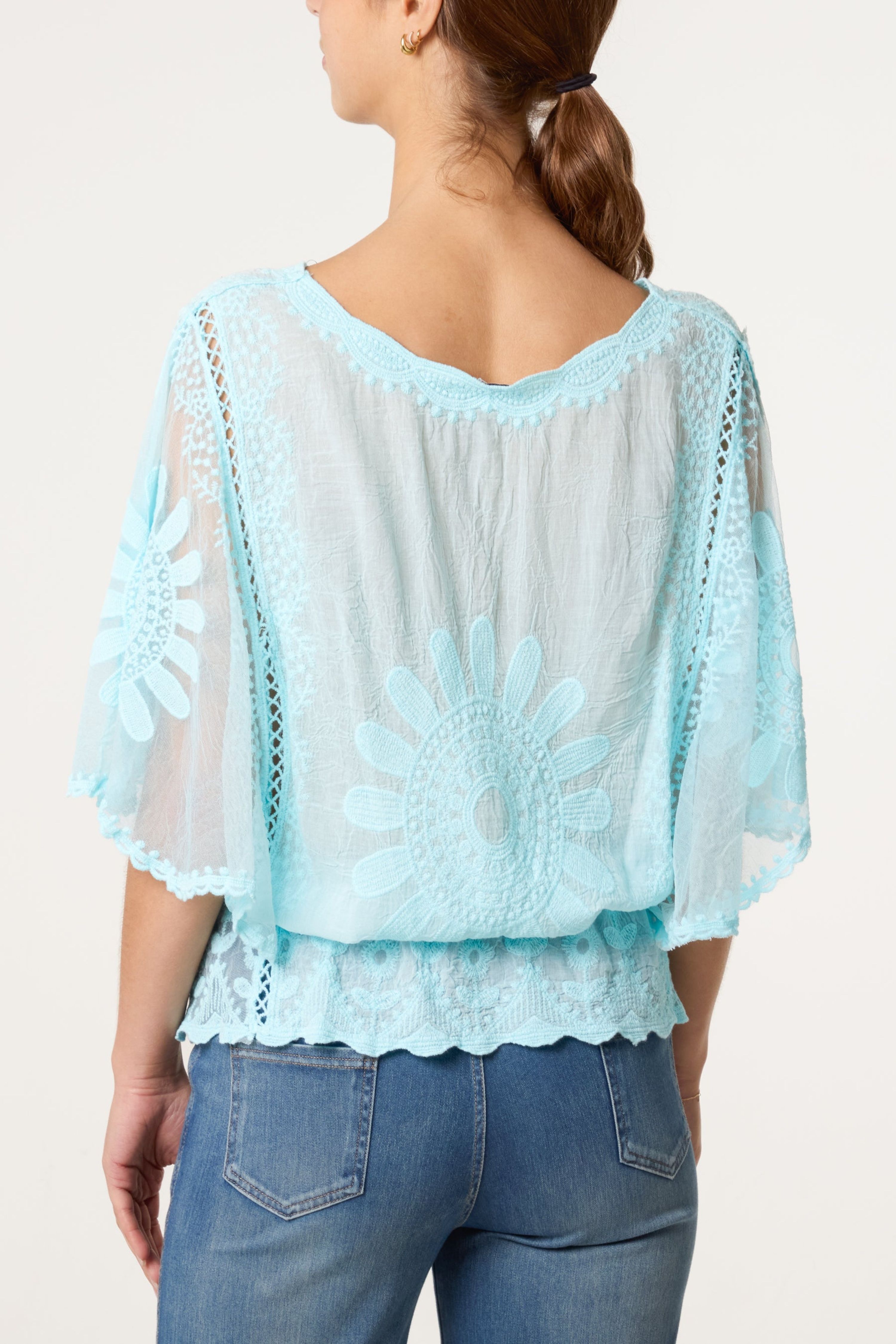 Blue Vanilla Aqua Sun Flower Lace Sleeve Blouse