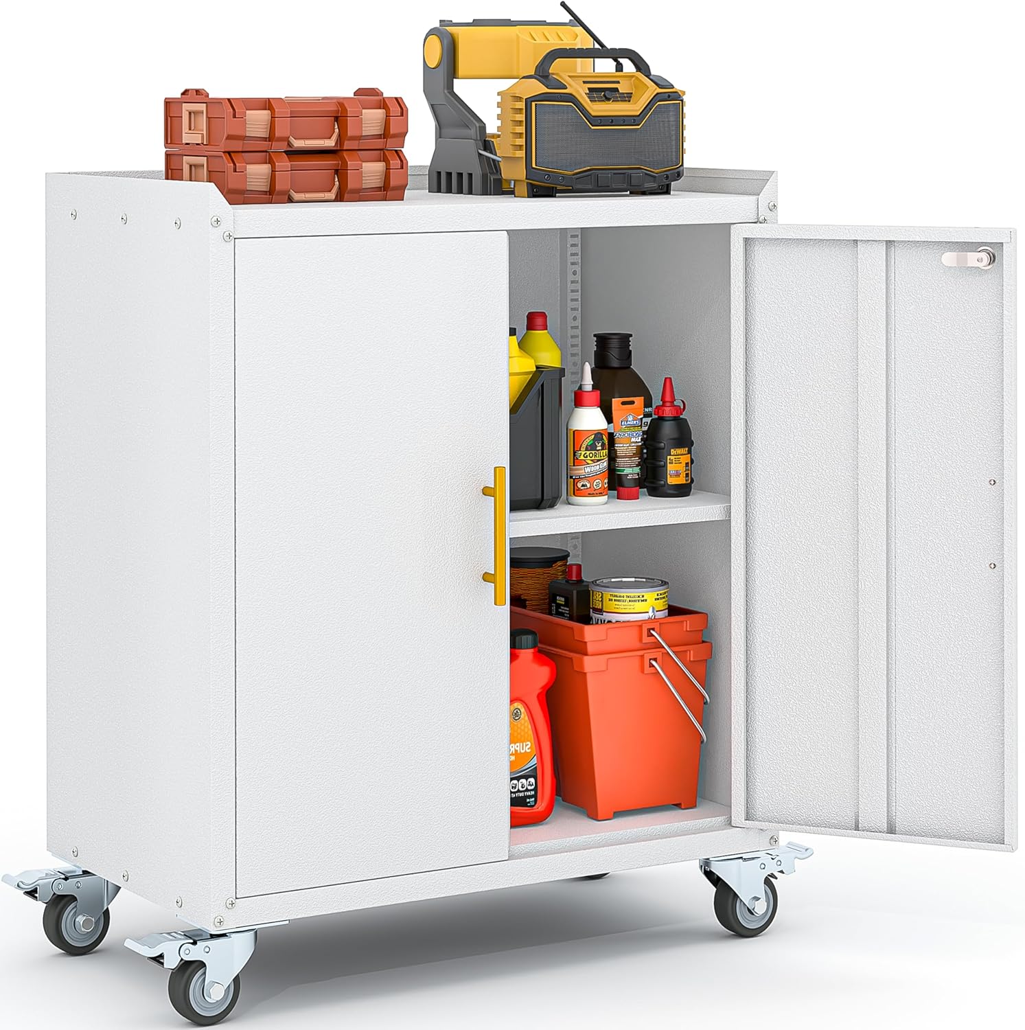 Metal Storage Cabinet with Wheels,Rolling Tool Cabinets with Doors and Adjustable Shelves,Lockable Garage Storage Cabinet,Heavy Duty Tool Chest for Home Office Utility Room,Assembly Required,White