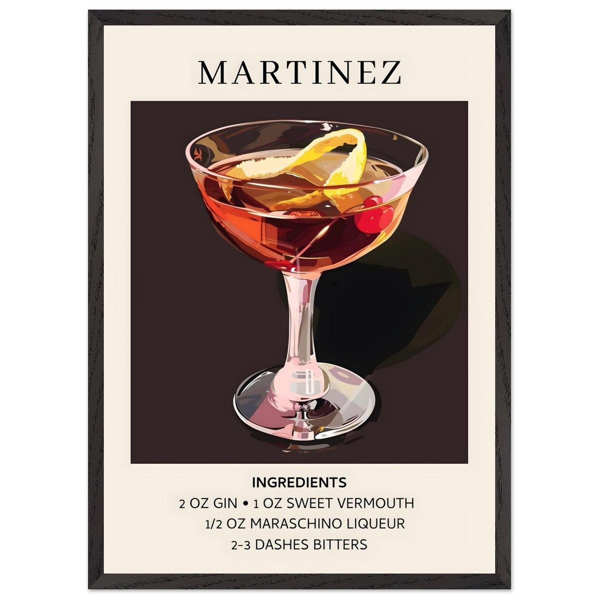 Artfulprints Poster met Lijst Martinez cocktail - Ingrediënten  - 50x70 cm - Zwart