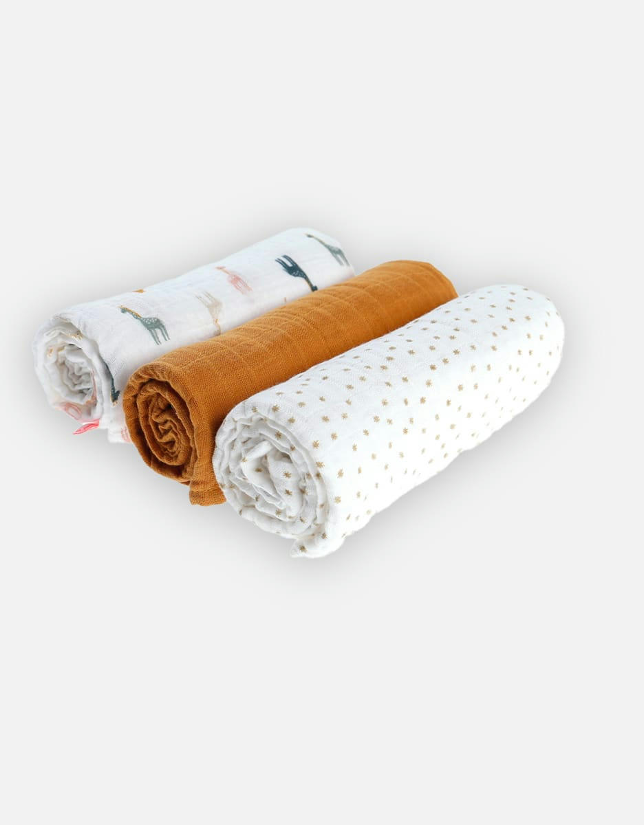 - Set de 3 langes en mousseline BIO 70 x 70 cm, et ochre