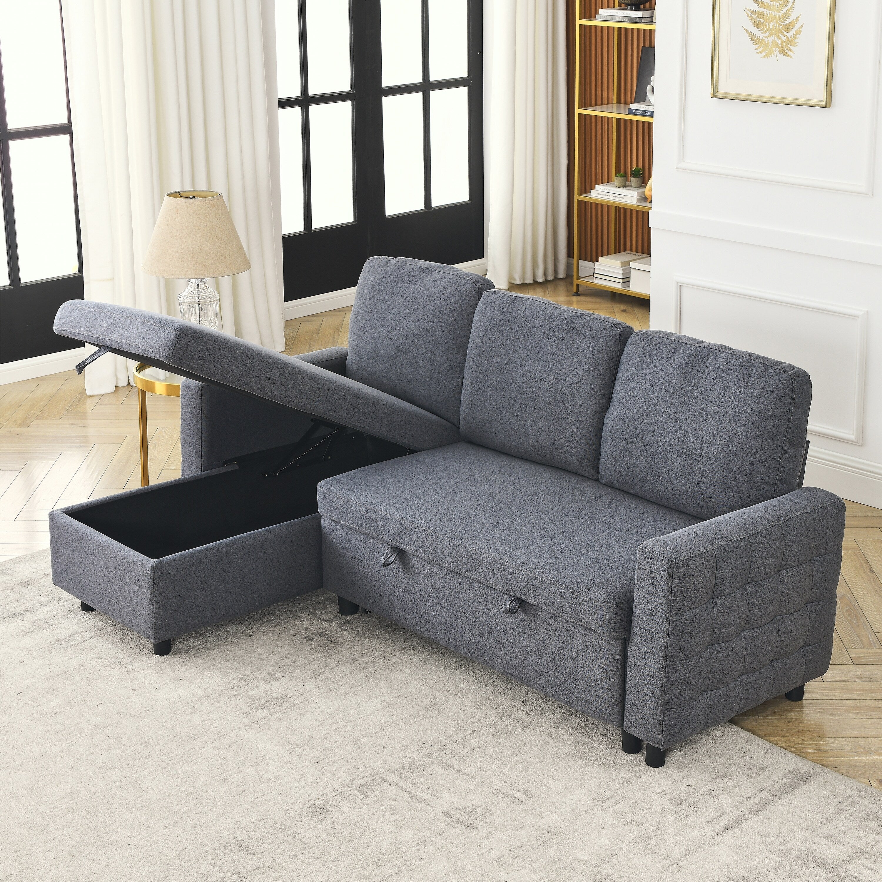 Grey Linen 78.8'' L-Shaped Sectional Sofa with Reversible Chaise