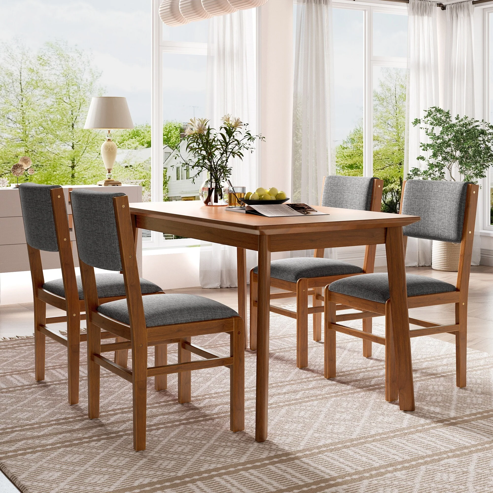 Modern 5 Piece Rectangle Wooden Dining Table Set 4 Person Dining Table Set with Kitchen Table and 4 Upholstered Chairs