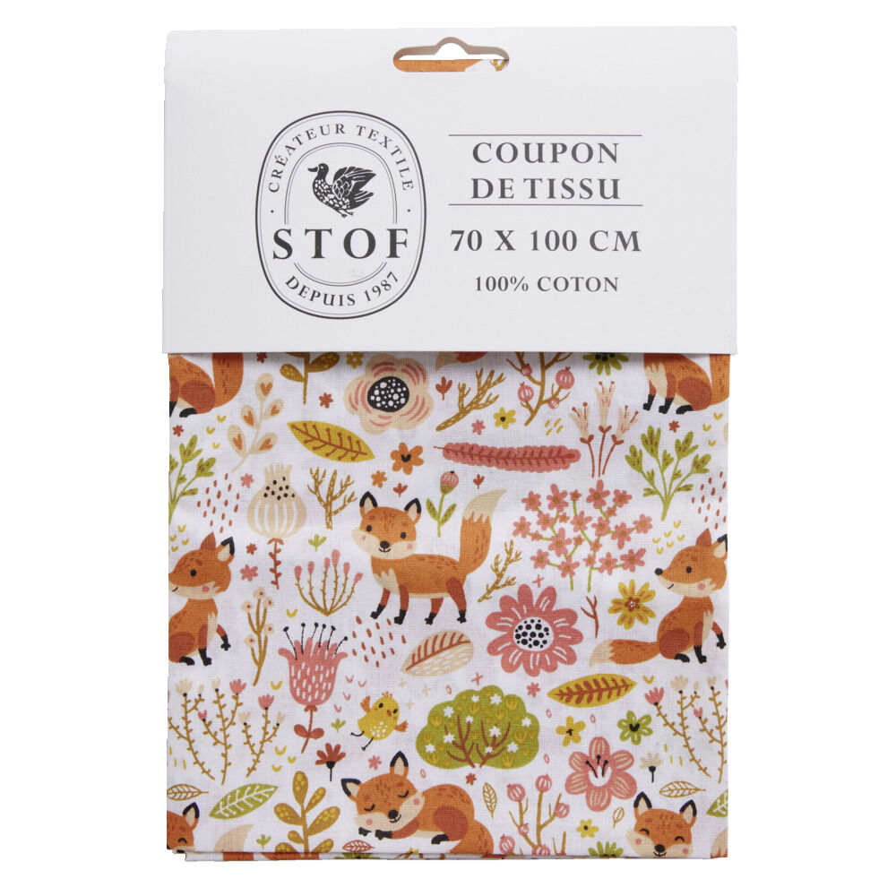 Coupon tissu imprimé Foxy Roux 70x100cm coton blanc, rose et orange