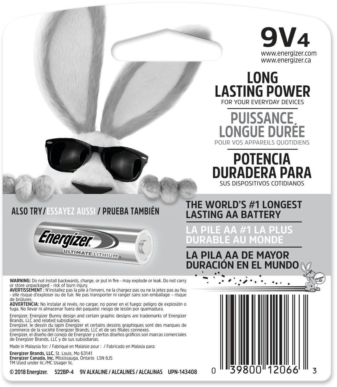 Energizer Max 4-pk 9V / 9 Volt Alkaline Batteries, Long Lasting, All Purpose
