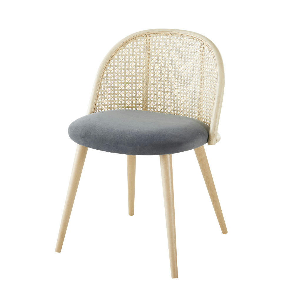 Mauricette - Chaise vintage gris anthracite cannage en rotin et bouleau massif