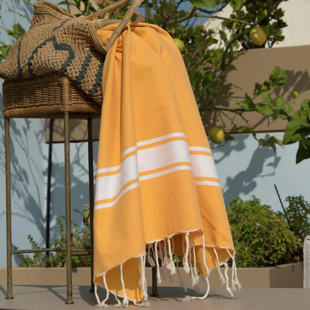 ST TROPEZ - Fouta bande blanche coton  100x200 jaune safran