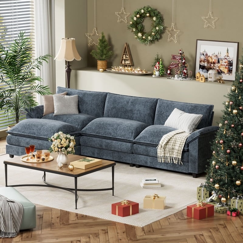 Furniwell 3-Seat Sectional Sofa with Ottoman Sectional Couch with Reversible Toffee Chair Convertible Sofa