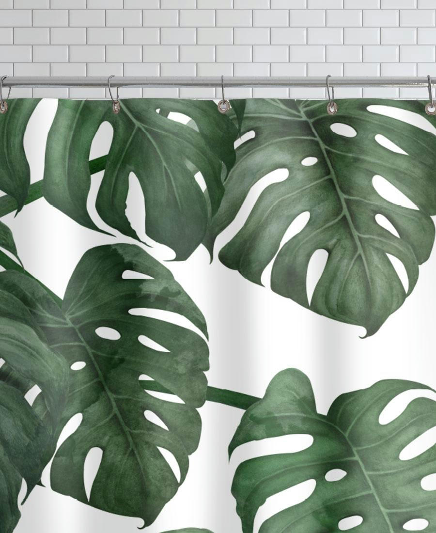 TROPICAL NO. 6 - Rideau de douche en polyester en blanc & vert 150x200