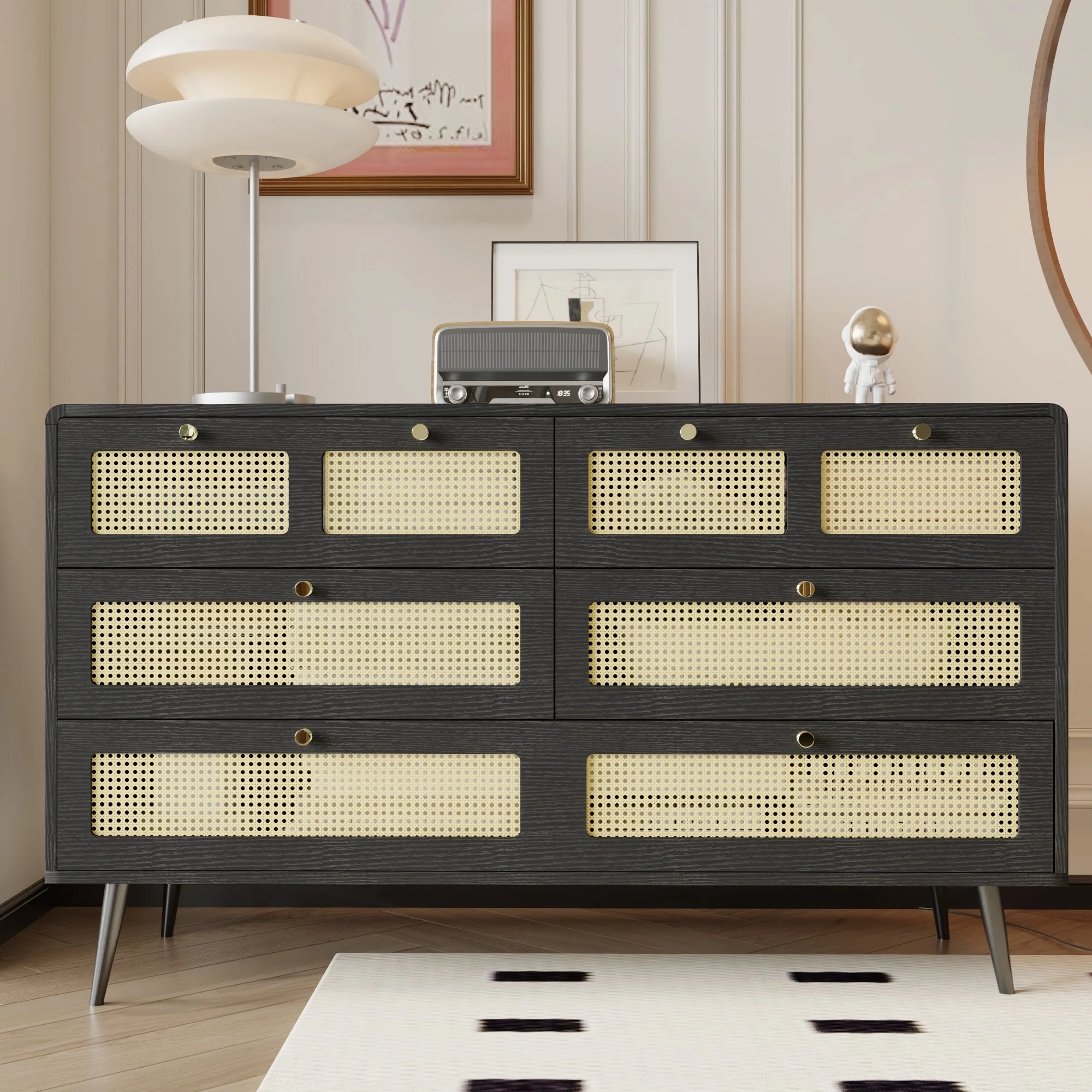 6-Drawer Double Dresser, Modern Rattan Dresser Chest with Wide Drawers and Metal Handles for Bedroom, Living Room