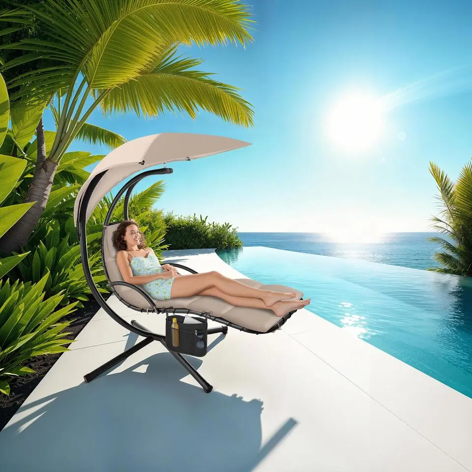 tectake Hangstoel Elaria met zonnedak en zijvak, Beige