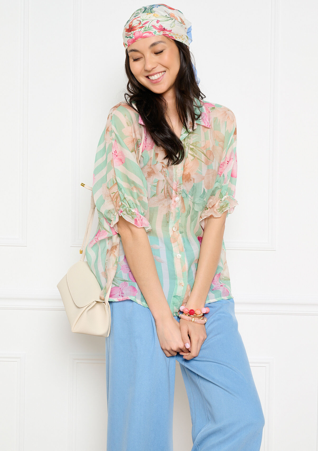 Voile hemd met strepen en bloemen