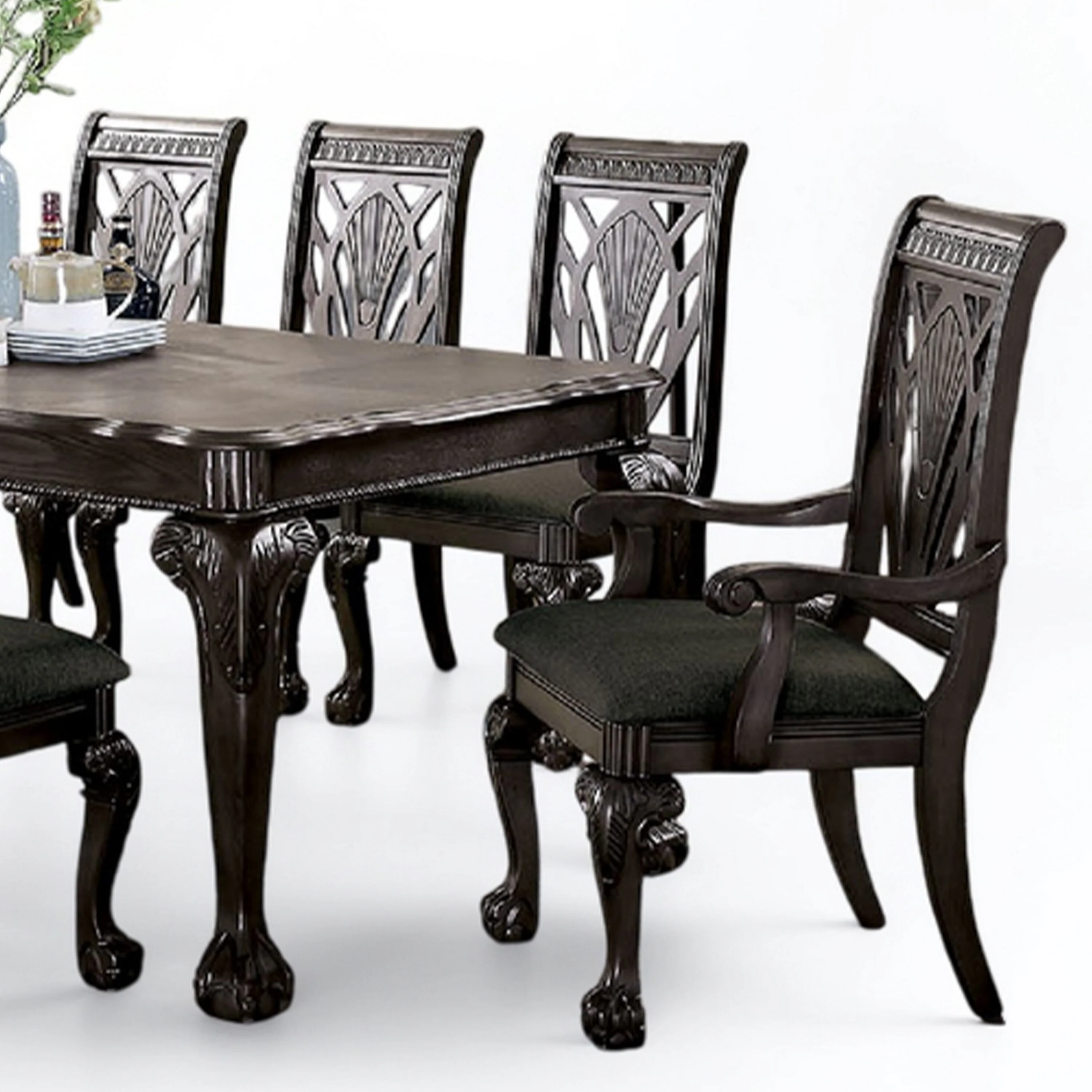 Burg 9pc Dining Table Set, Carved Trim Details, Dark Gray Solid Wood