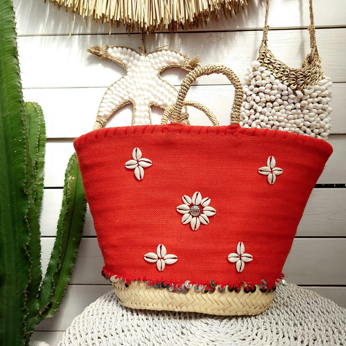 NORA - Sac de plage en palmier et toile, rouge