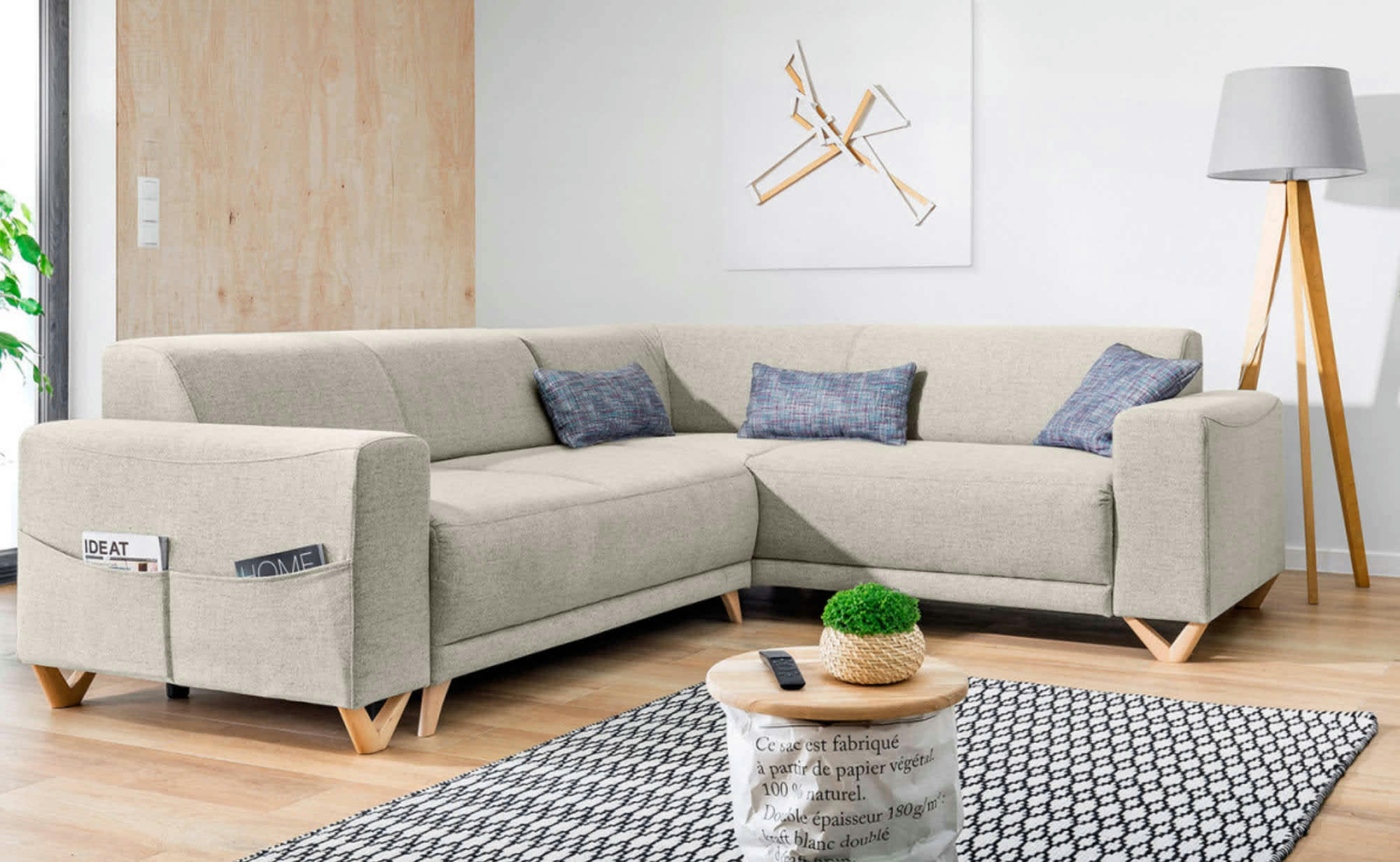 BELLA - Canapé panoramique 6 places angle droit en tissu beige