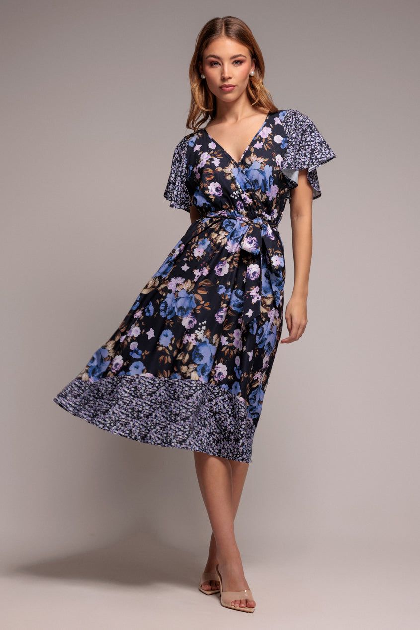 Goddiva Flutter Sleeve Printed Midi Dress
