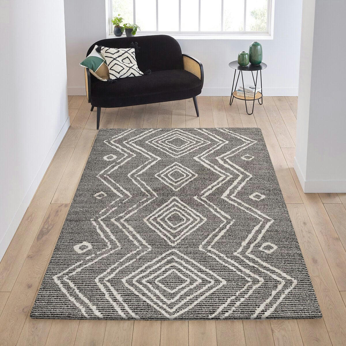 JELA - Tapis bohème effet laine anthracite et crème 140x200cm