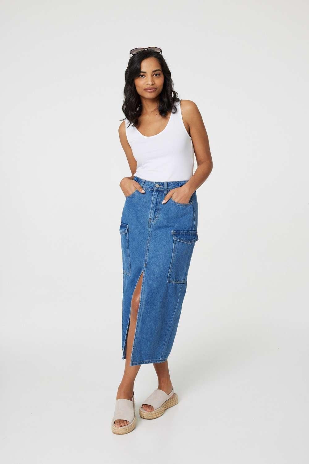 Izabel London Denim High Waist Split Midi Skirt