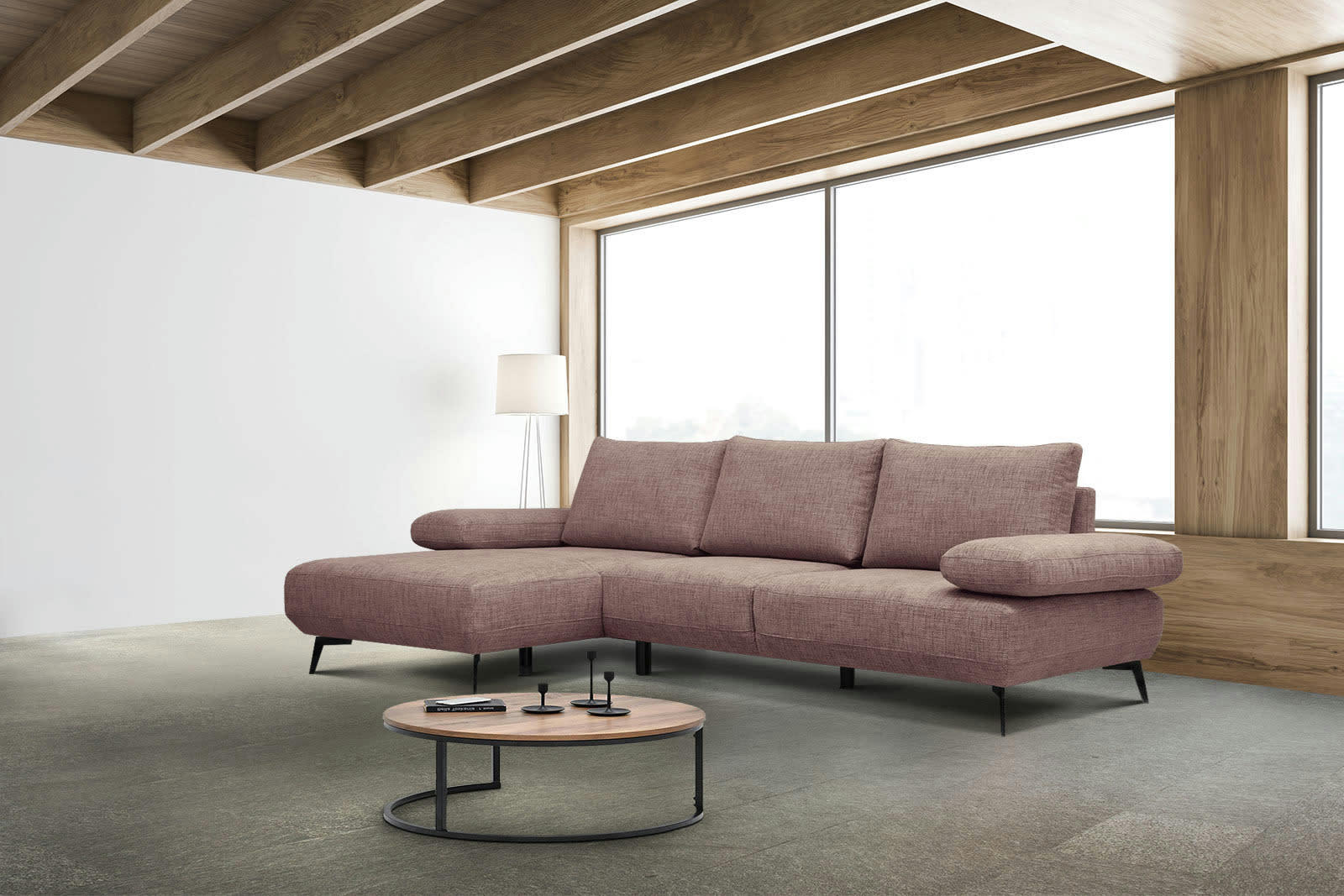 MELLO - Canapé d'angle gauche 4 places tissu vieux rose