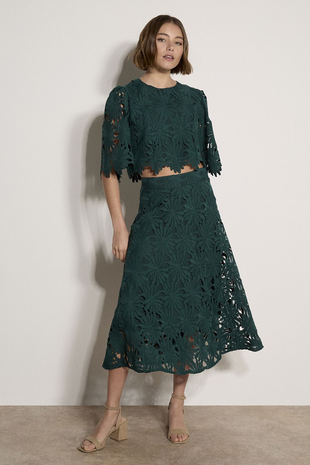 Apricot Guipure Lace Daisy Midi Skirt