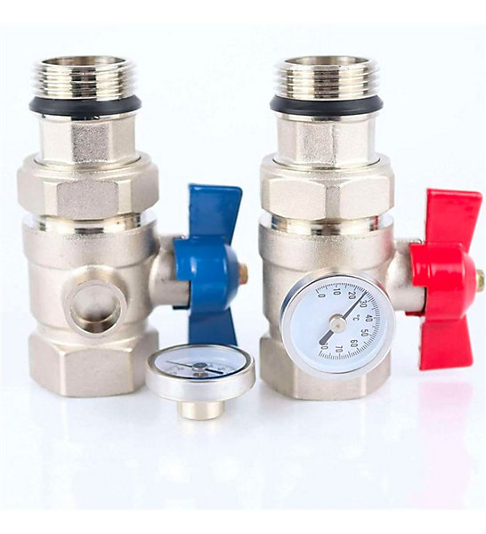 Kit vannes droite robinet a boisseau rouge et bleue laiton chrome avec thermometre MF 26X34