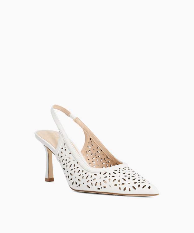Corfu White - Laser Cut Leather Sling-Back Heels