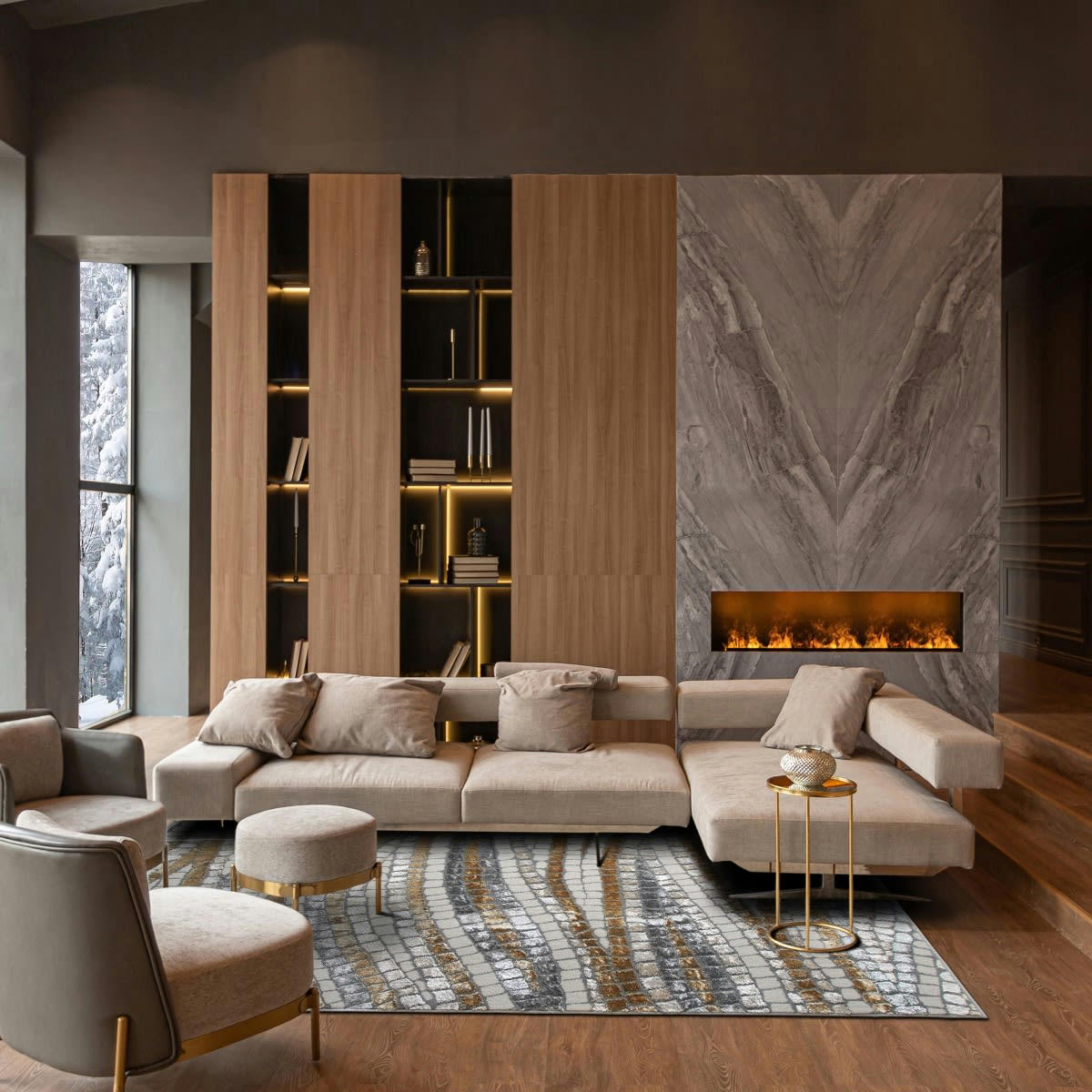 BORGES - Tapis graphique effet carreau gris or 160x230