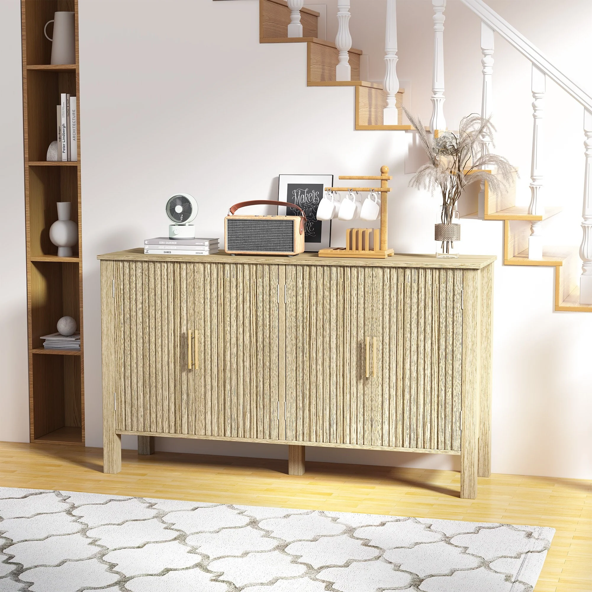 EROMMY Modern Fluted Sideboard Buffet Cabinet, Solid Wood Console Table with Adjustable Shelves for Living Room, Dining Room