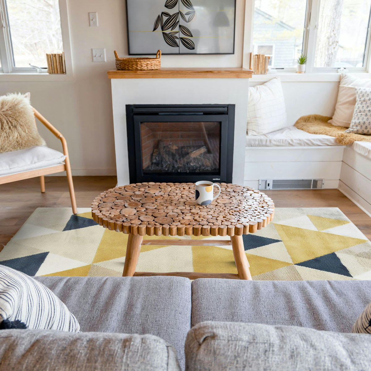 NEW - Tapis motifs triangles jaune et bleu 120x160