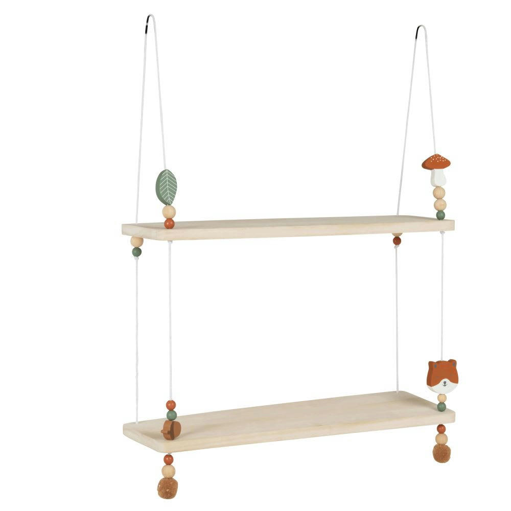 FOXY - Etagère suspendue en bois de paulownia beige, vert et marron avec cordes en coton