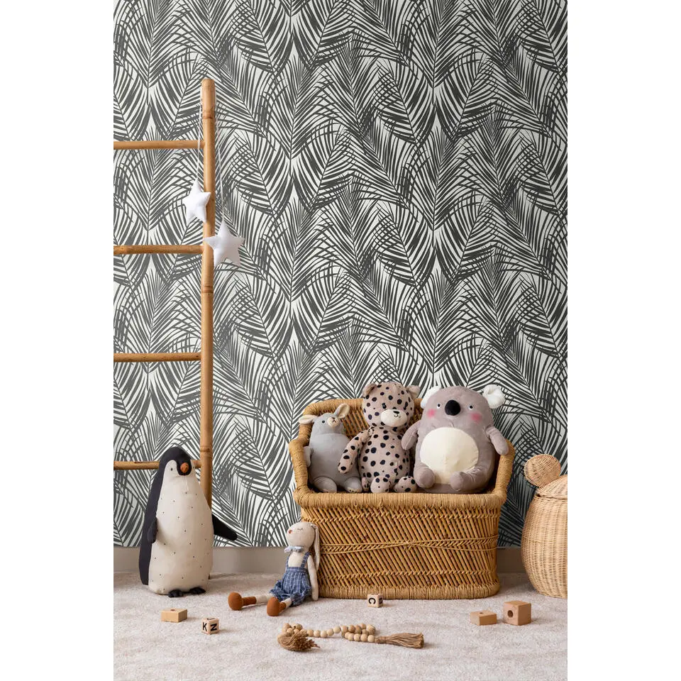 Walls4You behang tropische bladeren zwart wit - 53 cm x 10.05 m