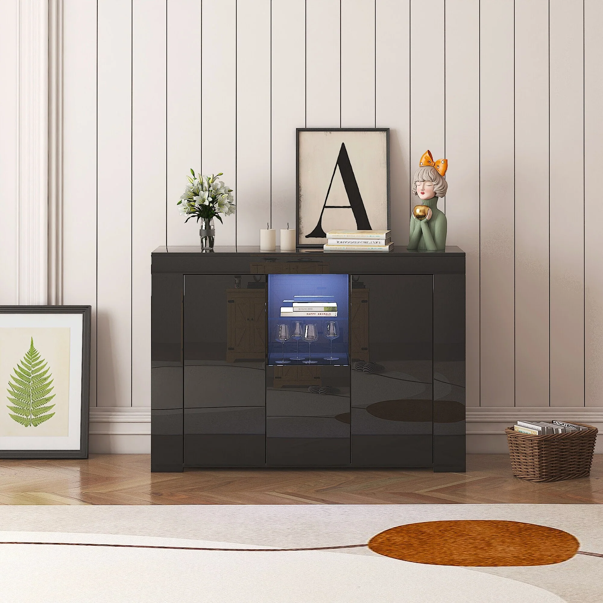 Black 45 Modern TV Stand with LED, Drawer & Doors for Living Room