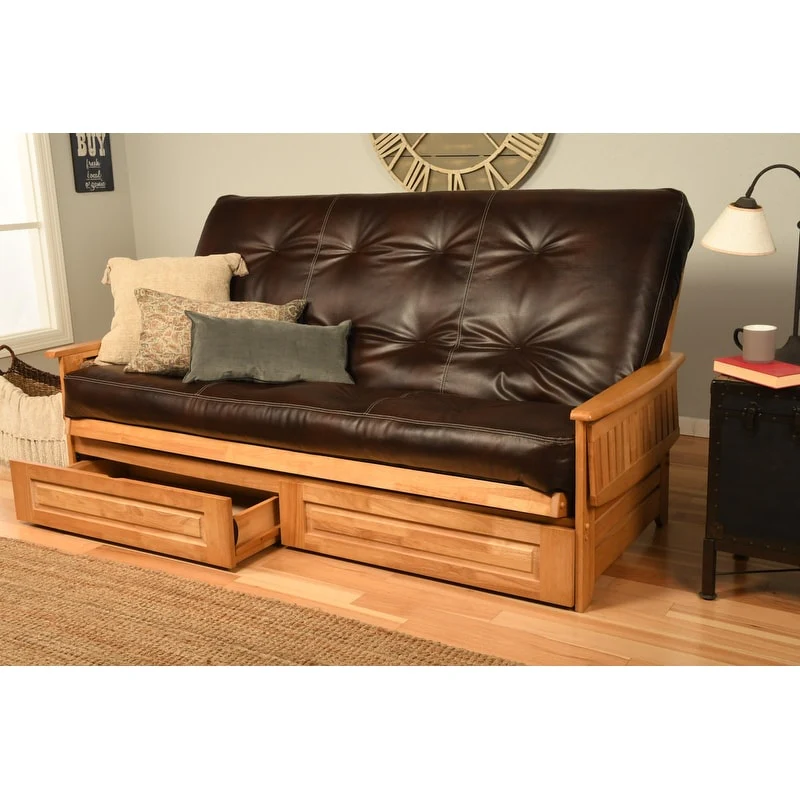 Somette Phoenix Queen-size Storage Futon Set in Butternut Finish with Faux Leather Mattress