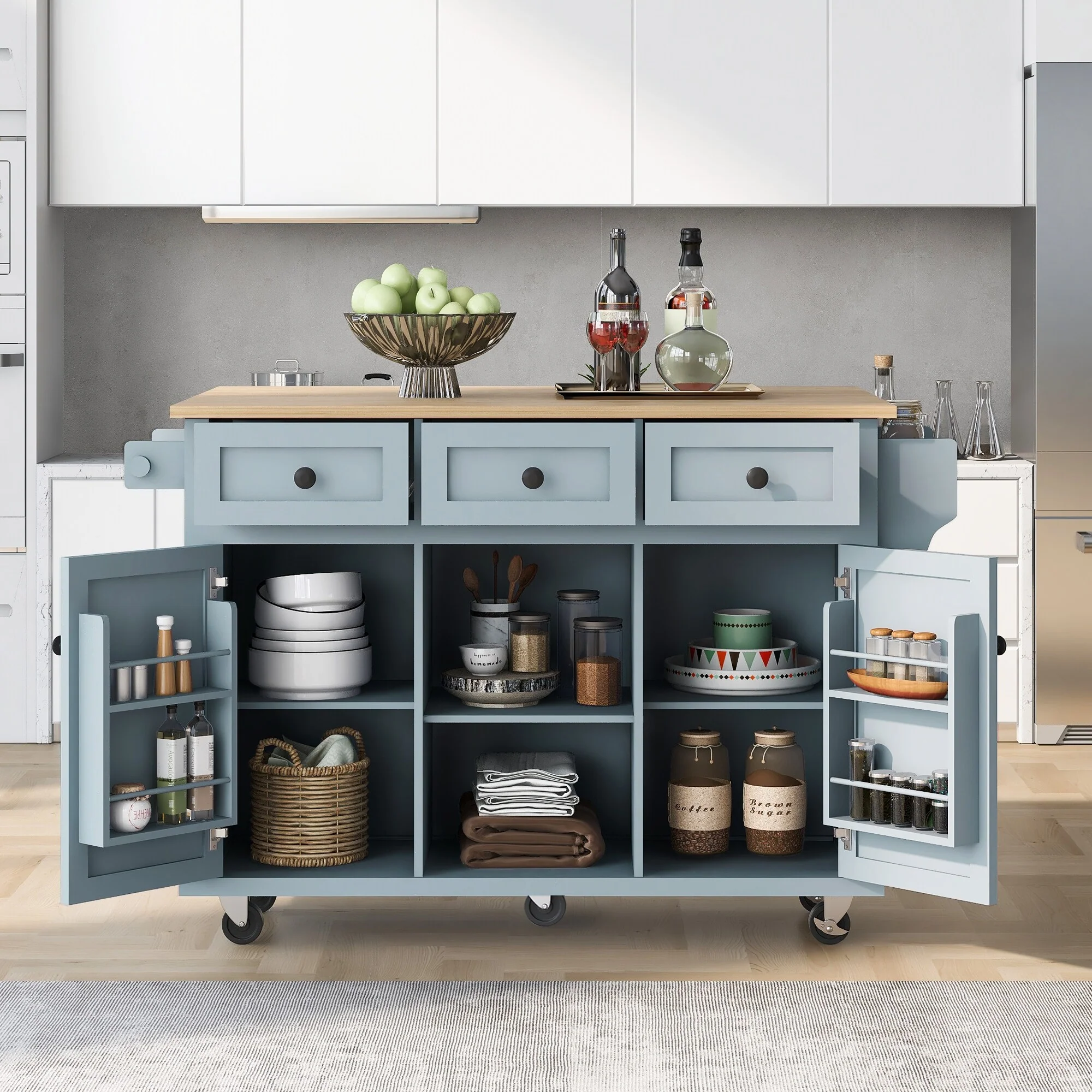 Roomfitters Kitchen Cart with Rubber wood Drop-Leaf Countertop, 5-Wheel Kitchen Island with Storage Cabinet & 3 Drawers