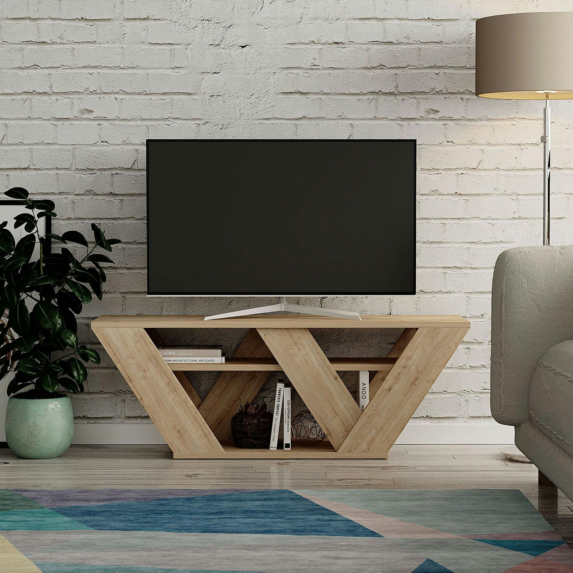 Meuble TV avec rangement effet bois clair - pied en W MARFA