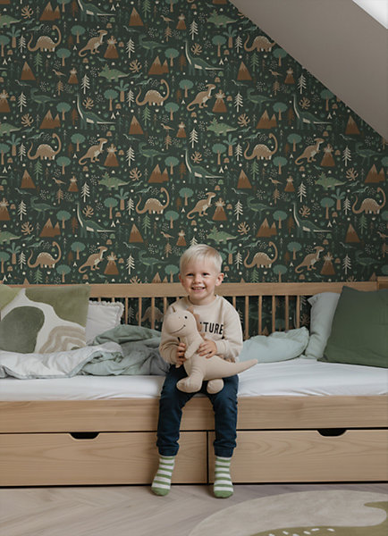 ESTAhome papier peint dinosaures vert foncé et marron 53 cm x 10.05 m