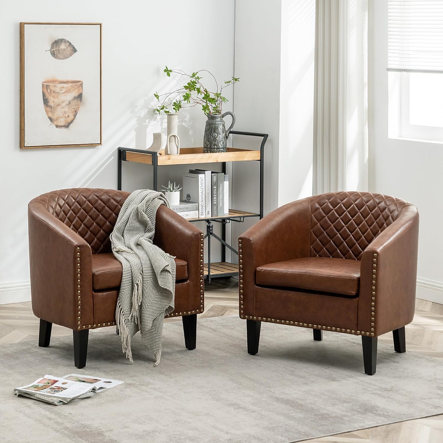 KINWELL 29 W Faux Leather Barrel Chairs Set of 2, Modern PU Upholstered Tufted Club Chairs with Nailhead Trim, Small Armchairs Accent Chairs for Living Room Bedroom Apartment Lounge Nursery, Brown